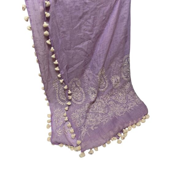 Indigo Handloom Purple Embroidered Pom Pom Scarf 34x70" - Picture 5 of 6